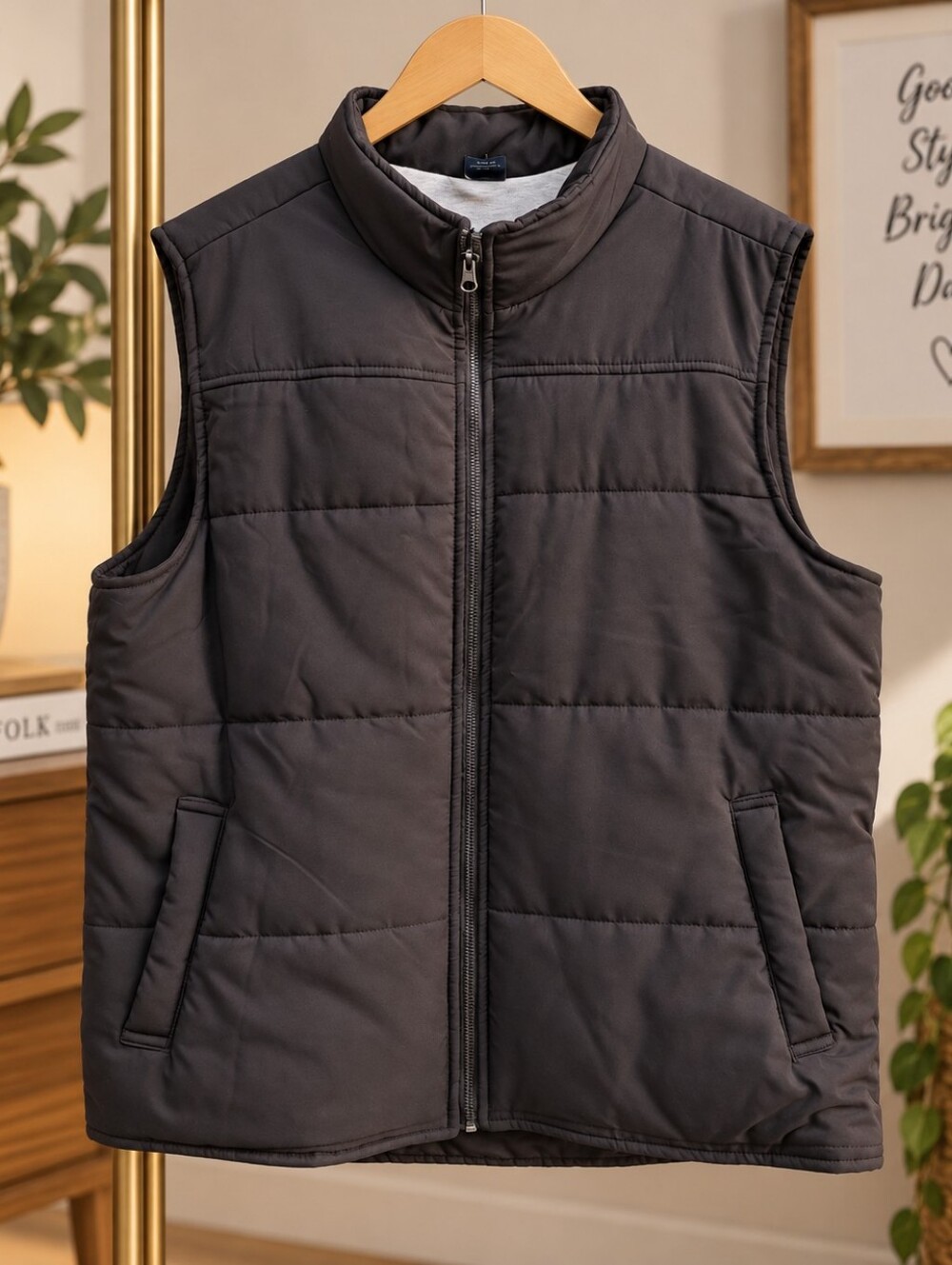 George Men's Large Black Quilted Puffer Vest Full Zip Sleeveless Jacket L